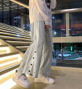 サイドボタン パンツ 2色 スウェット ジャージ 下 ボトムス ズボン ゴム ロング ワイド 太い ストレート ロゴ グレー 黒 ブラック 動きやすい 大きいサ...