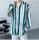 ストライプ ブラウス 2色 シャツ トップス カットソー 長袖 緑 グリーン ホワイト 黒 ブラック 大きいサイズ ビッグ ゆったり 長め ダンス 衣装 ヒップ...