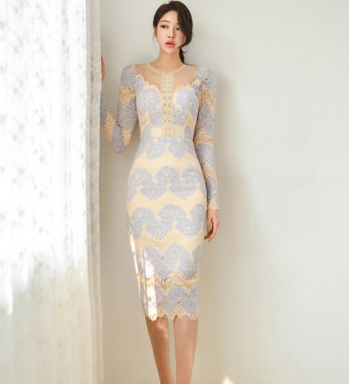 ♪2色展開♪ワンピース 　結婚式 　着痩せ 　おしゃれ 　ワンピ 　セクシーワンピース キャバ 　レース　透け感　膝丈 　長袖　大人 　スタイル　 上品 　韓国 　結婚式 　二次会 　パーティー　 発表会　 お呼ばれ同窓会 謝恩会