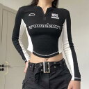 ♪M~XL展開♪ハーフジップ ライン ロゴ ショート丈 トップス カットソー 長袖 短い 肌見せ セクシー へそ出し ボディーライン ダンス 衣装 ヒップホップ...