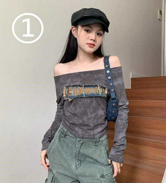 乐天商城 - 2色　肩出し　マーブル　アシンメトリー　トップス　カットソー　ワッペン　Tシャツ　　長袖　シンプル　ショート丈　短い　短め　セクシー　ダンス　衣装　ヒップホップ　HIPHOP　レディース　ガールズ　ストリート　韓国　チョーカー　おしゃれ　可愛い