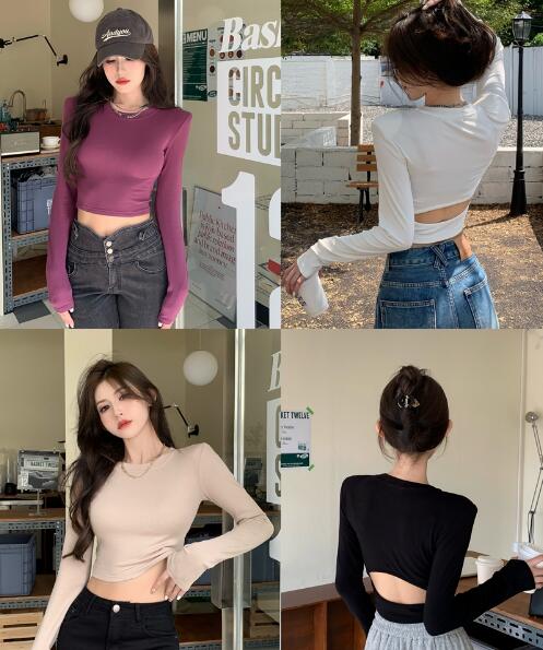 乐天商城 - 4色　長袖　トップス　カットソー　Tシャツ　へそ出し　短め　短い 肌見せ 無地　ブラック　ホワイト パープル　シンプル　ダンス　衣装　ヒップホップ　HIPHOP　レディース　　ガールズ　ストリート　個性的　奇抜　大人　韓国