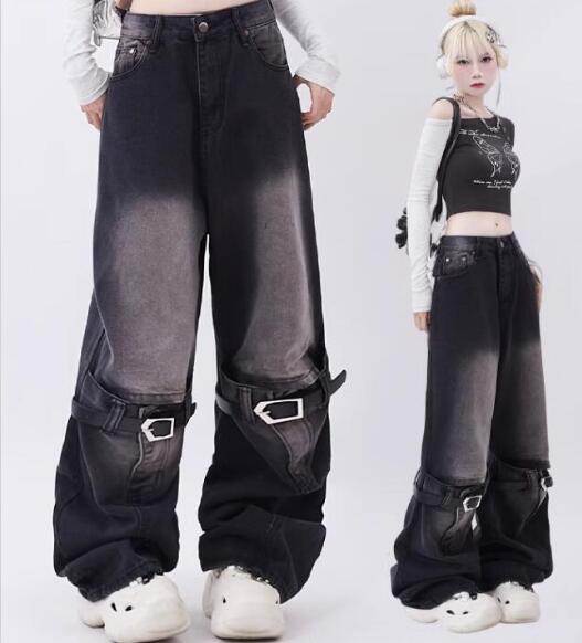 樂天商城 - ♪S~XL展開♪デニム　ズボン　ボトムス　パンツ　ジーンズ　ジーパン　ストレート　ロング　ワイド　太い　太め　ハイウエスト　ベルト　ダンス　衣装　ヒップホップ　HIPHOP　レディース　ガールズ　ストリート　奇抜　派手　韓国　大きいサイズ