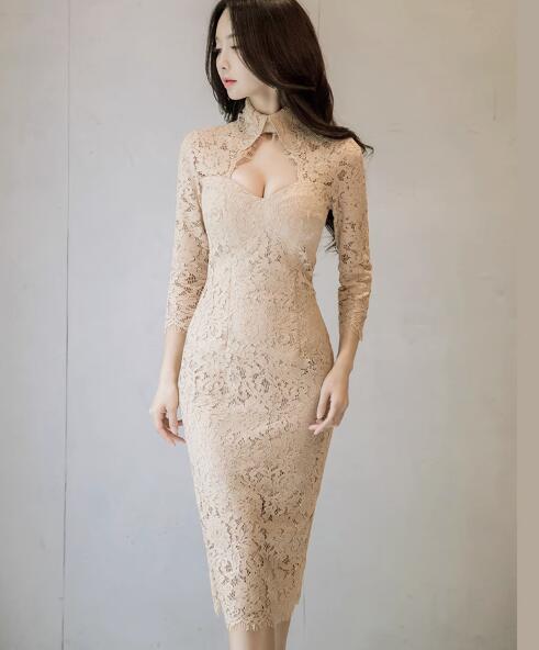 乐天商城 - ♪S~XL展開♪ワンピース 　結婚式 　着痩せ 　おしゃれ 　ワンピ 　セクシーワンピース　キャバ 　膝丈 　長袖　　レース　大人 　スタイル　 上品 韓国 結婚式 二次会 パーティ ー 発表会 お呼ばれ同窓会 謝恩会