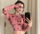 ちょうちょ リボン レースアップ 透け感 長袖 トップス カットソー Tシャツ フレア袖 短め 短め へそ出し セクシー 可愛い ダンス 衣装 ヒップホップ H...
