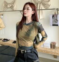マーブル ダイダイ柄 シースルー トップス カットソー 長袖 透け感 Tシャツ インナー 薄手 セクシー ダンス 衣装 ヒップホップ HIPHOP レディース ...