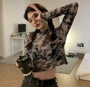 マーブル ダイダイ柄 シースルー トップス カットソー 長袖 透け感 Tシャツ インナー 薄手 セクシー ダンス 衣装 ヒップホップ HIPHOP レディース ...