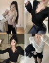 3色 トップス カットソー インナー Vネック 長袖 レース 切替 セクシー レースアップ 大人 無地 tシャツ レディース ガールズ ストリート 春 秋 冬