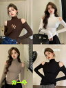 4色 トップス カットソー インナー タートルネック 肩出し 長袖 シンプル 大人 無地 tシャツ レディース ガールズ ストリート 春 秋 冬