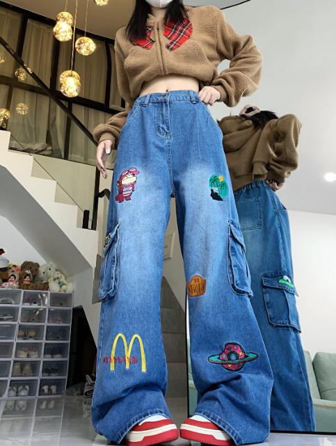 乐天商城 - ♪S~XL展開♪カーゴパンツ　デニム　ズボン　ボトムス　パンツ　ジーンズ　ジーパン　ストレート　刺繍　シンプル　ダンス　衣装　ヒップホップ　HIPHOP　レディース　ガールズ　ストリート　奇抜　派手　韓国　ビッグ　大きいサイズ