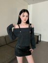 2色 ニット トップス カットソー タンクトップ 長袖 ショート丈 短め 短い ベルト セクシー 人気 レディース ガールズ ストリート 春 秋 冬 韓国ファ...