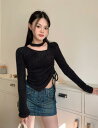 3色 ニット トップス カットソー 長袖 ショート丈 短め 短い 絞り セクシー 人気 レディース ガールズ ストリート 春 秋 冬 韓国ファッション