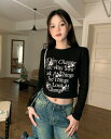 2色 プリント トップス カットソー 長袖 ショート丈 短め 短い セクシー 人気 レディース ガールズ ストリート 春 秋 冬 韓国ファッション 送料無料