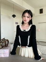 3色 レース リボン ニット トップス カットソー 長袖 ショート丈 短め 短い かわいい 人気 レディース ガールズ ストリート 春 秋 冬 韓国ファッショ...