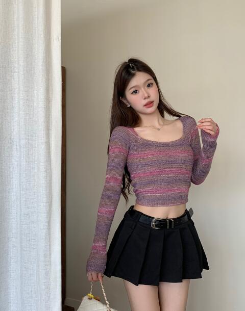 乐天商城 - マーブル　ニット　トップス　カットソー　長袖　ショート丈 短め　短い　セクシー　人気　 レディース　ガールズ　ストリート　春　秋　冬　韓国ファッション　送料無料