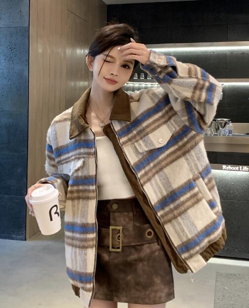 チェック柄　コート　ブルゾン　アウター　ジャケット　レディース　ガールズ　おしゃれ　韓国ファッション　ゆったり　大きい　シンプル　ボリューム 防寒　あったか　厚手　ストリート　大人