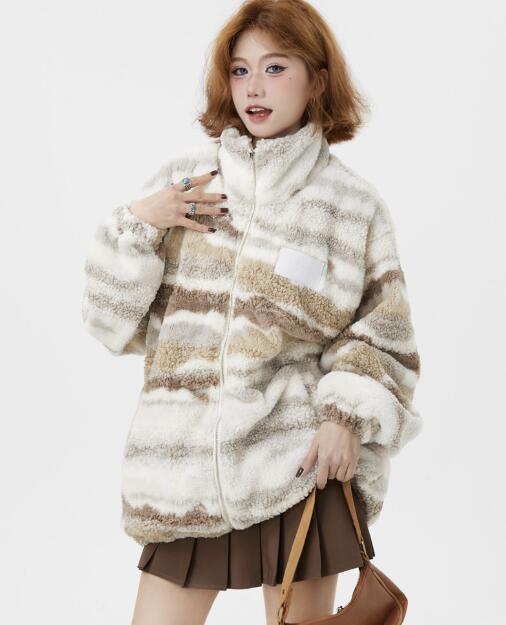 樂天商城 - マーブル　コート　ボア　ブルゾン　アウター　ジャケット　レディース　ガールズ　おしゃれ　もこもこ　ふわふわ　韓国ファッション　ゆったり　大きい　シンプル　ボリューム 防寒　あったか　厚手　ストリート　大人