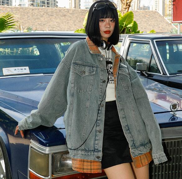 ジージャン デニムジャケット アウター 長袖 ビッグシルエット ゆめかわいい 奇抜 派手 トップス ダンス衣装 重ね着風 チェック柄 韓国ファッション 大きいサイズ 個性的 服 原宿系 オーバーサイズ レディース メンズ ユニセックス きれいめ