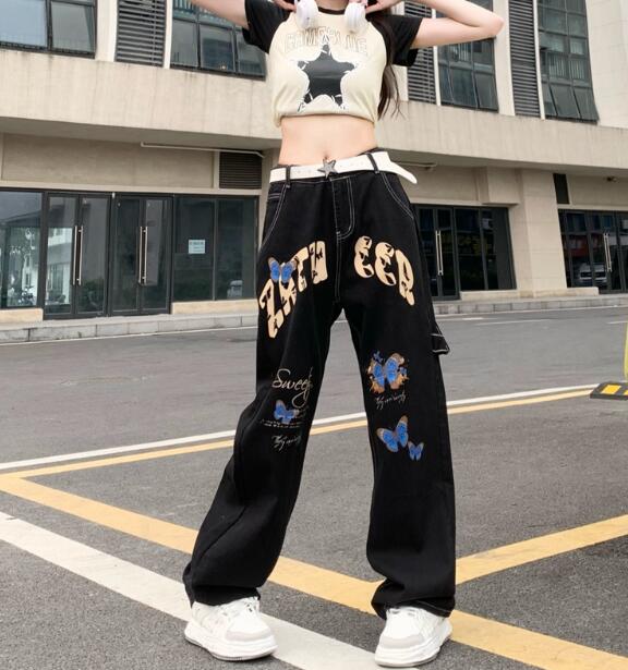 乐天商城 - 「ベルトなし」♪ちょうちょ　プリント　デニム　ズボン　ボトムス　パンツ　ジーンズ　ジーパン　ストレート　ロング　ハイウエスト　シンプル　ダンス　衣装　ヒップホップ　HIPHOP　レディース　ガールズ　ストリート　奇抜　派手　韓国　ビッグ　大きいサイズ