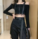 「M1点のみ即納」トップス カットソー タンクトップ 長袖 ショート丈 短め 短い ベルト tシャツ レディース ガールズ ストリート