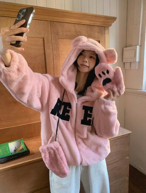 Other Jackets Jumpers - 耳付き　くま　ベア　アウター　ブルゾン　ジャケット　ジャンパー　ロゴ　ビッグ もこもこ　ふわふわ　大きいサイズ　ヒップホップ　HIPHOP　レディース　ガールズ　韓国　個性的　奇抜　かっこいい　厚手