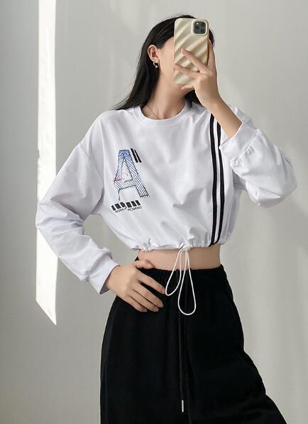 乐天商城 - 2色　トップス　カットソー tシャツ　長袖　ショート丈 短め　短い　へそ出し　ダンス　衣装 ダンス イベント文化祭　 コスチューム 韓国ファッション HIPHOP ヒップホップ 　レディース　ガールズ　 個性的 送料無料