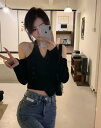 2色 トップス カットソー インナー 肩出し へそ出し 長袖 シンプル 大人 無地 tシャツ レディース ガールズ ストリート 春 夏 秋 冬 送料無料