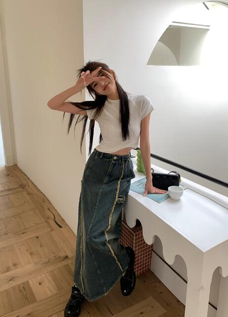 デニム　スカート　ロング　タイト　Aライン　レディース　ガールズ　おしゃれ　可愛い　かっこいい　韓国　ファッション　スリット　レースアップ　ボトムス　膝下　膝丈　原宿　ストリート　ヒップホップ　ブルー　青　レトロ　ヴィンテージ風