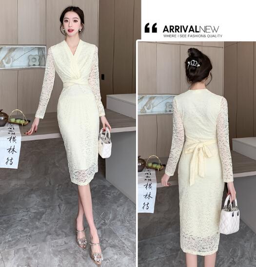 ♪2色展開♪ワンピース 　結婚式 　着痩せ 　おしゃれ レース　ワンピ 　セクシーワンピース キャバ 膝丈 　長袖　大人 スタイル　上品 韓国 結婚式 二次会 パーティー 発表会 お呼ばれ同窓会 謝恩会