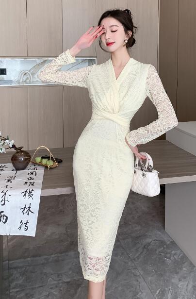 ♪2色展開♪ワンピース 　結婚式 　着痩せ 　おしゃれ レース　ワンピ 　セクシーワンピース キャバ 膝丈 　長袖　大人 スタイル　上品 韓国 結婚式 二次会 パーティー 発表会 お呼ばれ同窓会 謝恩会