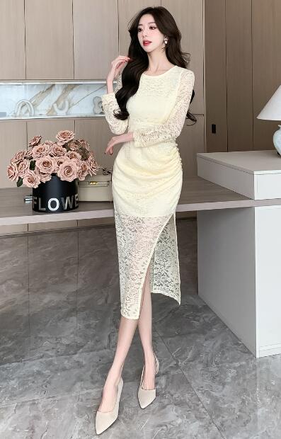 ♪2色展開♪ワンピース 　結婚式 　着痩せ 　おしゃれ レース　ワンピ 　セクシーワンピース キャバ 膝丈 　長袖　大人 スタイル　上品 韓国 結婚式 二次会 パーティー 発表会 お呼ばれ同窓会 謝恩会