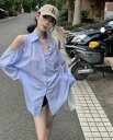 シャツ ブラウス トップス カットソー 長袖 前開き ゆったり ブルー 肩出し 大きいサイズ ダンス 衣装 ヒップホップ HIPHOP レディース ガールズ 大...