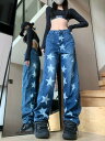 星柄 デニム ズボン ボトムス パンツ ジーンズ ジーパン ストレート シンプル ダンス 衣装 ヒップホップ HIPHOP レディース メンズ ガールズ ストリート 奇抜 派手 韓国 ビッグ 大きいサイズ