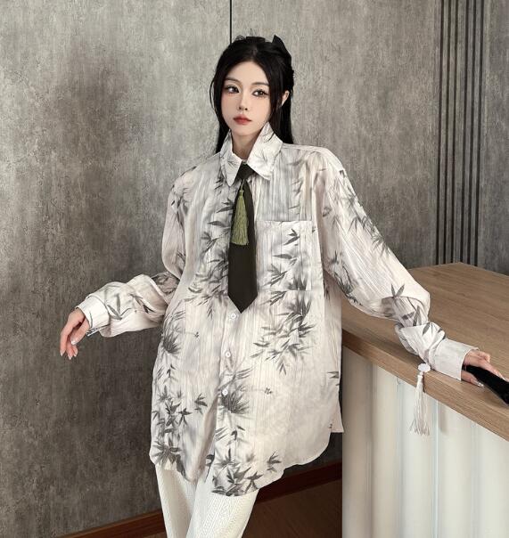 モード系　ネクタイ　柄シャツ 総柄 　チャイナ風　長袖　トップス　シャツ　ブラウス　 ビッグシルエット ゆめかわいい 奇抜 派手 ダンス 衣装 ヒップホップ コスチューム　 大きいサイズ 個性的 服 原宿系　オーバーサイズ レディース　ガールズ　 きれいめ