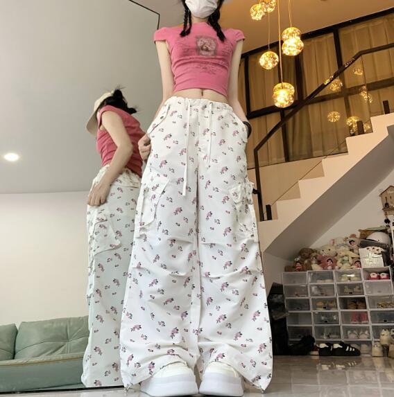 樂天商城 - ワイド　カーゴパンツ　ズボン　ボトムス　パンツ　ハイウエスト　絞り　ロング　ジョガーパンツ　花柄　シンプル　大きいサイズ　ゆったり　だぼだぼ　ダンス　衣装　ヒップホップ　HIPHOP　レディース　ストリート　奇抜　派手