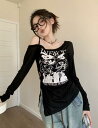 肌見せ 透け感 Tシャツ トップス カットソー 長袖 プリント シンプル レディース ガールズ ストリート 個性的 奇抜 韓国ファッション 人気 大人 可愛...