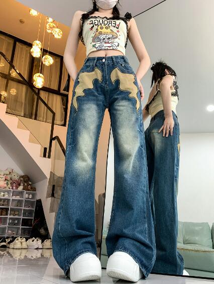 乐天商城 - ワッペン　デニム　ズボン　ボトムス　パンツ　ジーンズ　ジーパン　レトロ　シンプル　ダンス　衣装　ヒップホップ　HIPHOP　レディース　ガールズ　ストリート　奇抜　派手　韓国　ビッグ　大きいサイズ