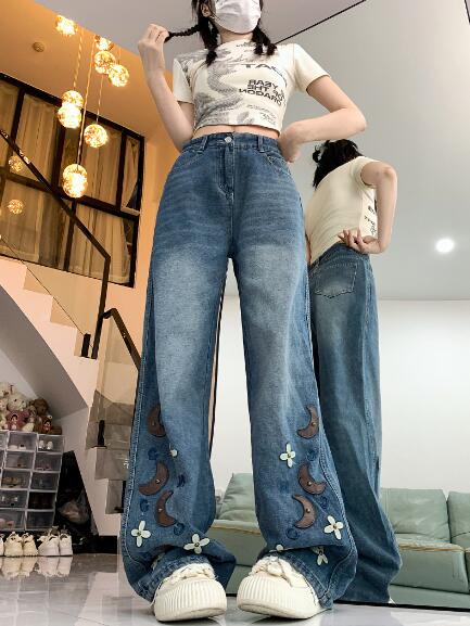 乐天商城 - ワッペン　スタッズ　デニム　ズボン　ボトムス　パンツ　ジーンズ　ジーパン　ワイド　太い　シンプル　ダンス　衣装　ヒップホップ　HIPHOP　レディース　ガールズ　ストリート　奇抜　派手　韓国　ビッグ　大きいサイズ