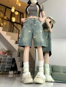 星柄 デニム ズボン ボトムス パンツ ジーンズ ジーパン 半ズボン 膝上 ワイド 太い シンプル ダンス 衣装 ヒップホップ HIPHOP レディース ガールズ ストリート 奇抜 派手 韓国 ビッグ 大きいサイズ