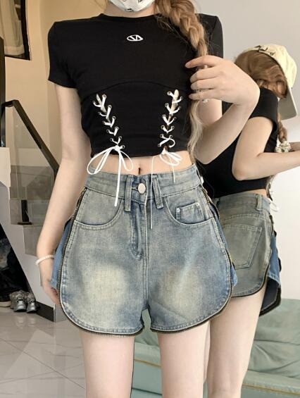 Short Pants - サイドジップ　　ジップ　ショートパンツ　デニム　ズボン　パンツ　ボトムス　ミニ　膝上　ハイウエスト　ダンス　衣装　ヒップホップ　HIPHOP　レディース　ガールズ　ストリート　セクシー　ステージ　奇抜　派手　個性的