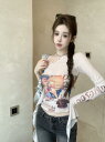 シースルー 肩出し トップス カットソー 長袖 透け感 Tシャツ インナー 薄手 ダンス 衣装 ヒップホップ HIPHOP レディース ガールズ ストリート 個性的 奇抜 派手 韓国 おしゃ かっこいい セクシー