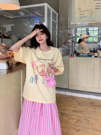 ロゴ プリント 半袖 Tシャツ 五分袖 トップス カットソー イエロー 動物 英語 ダンス 衣装 ヒップホップ HIPHOP レディース ガールズ ストリート 服 大きいサイズ ゆったり 長め 韓国 おしゃれ かっこいい スケーター ヴィンテージ風