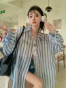 ストライプ シャツ ブラウス トップス カットソー 長袖 前開き 後ろ開き ゆったり 大きいサイズ ダンス 衣装 ヒップホップ HIPHOP レディース ガールズ 大人 韓国 奇抜 派手 おしゃれ(4)