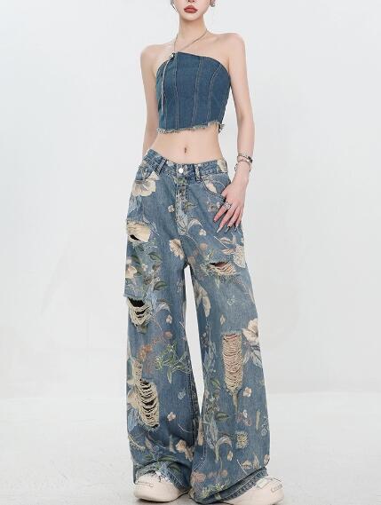 Straight Jeans - ♪S~XL展開♪花柄　総柄　デニム　ズボン　ボトムス　パンツ　ジーンズ　ジーパン　ストレート　ロング　ダメージ　破れ加工　ダンス　衣装　ヒップホップ　HIPHOP　レディース　ガールズ　ストリート　奇抜　派手　韓国　ビッグ　大きいサイズ