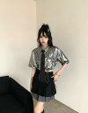 ♪S~XL展開♪ネクタイ シャツ ブラウス トップス カットソー 半袖 シルバー 銀色 短い 短め 安全ピン 前開き へそ出し セクシー 大きいサイズ ダンス ...