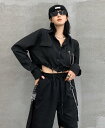 ♪S~XL展開♪ネクタイ シャツ ブラウス トップス カットソー 長袖 黒 ブラック 短い 短め 安全ピン 前開き へそ出し セクシー 大きいサイズ ダンス 衣...