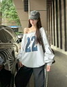 ロゴ プリント ナンバー オフショルダー 長袖 Tシャツ トップス カットソー トレーナー スポーツ ビッグ オーバーサイズ ダンス 衣装 ヒップホップ HIP...
