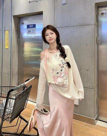 S~L展開リボンネコ猫肩出し長袖ト...