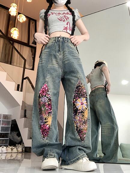 Straight Jeans - ♪S~XL展開♪カラフル　切替　デニム　ズボン　ボトムス　パンツ　ジーンズ　ジーパン　ストレート　ロング　ダンス　衣装　ヒップホップ　HIPHOP　レディース　ガールズ　ストリート　奇抜　派手　韓国　ビッグ　大きいサイズ　かわいい