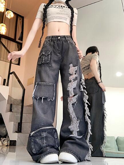 ♪S~XL展開♪カーゴパンツ　ダメージ　破れ加工　デニム　ズボン　ボトムス　パンツ　ジーンズ　ジーパン　ストレート　ロング　ダンス　衣装　ヒップホップ　HIPHOP　レディース　ガールズ　ストリート　奇抜　派手　韓国　ビッグ　大きいサイズ　かっこいい